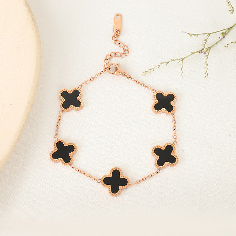Leaf Clover Bracelet Rose Gold Black - Main Image