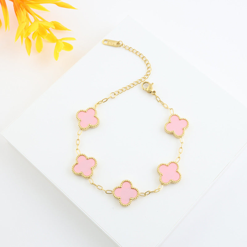 Leaf Clover Bracelet Gold Double Sided Pink